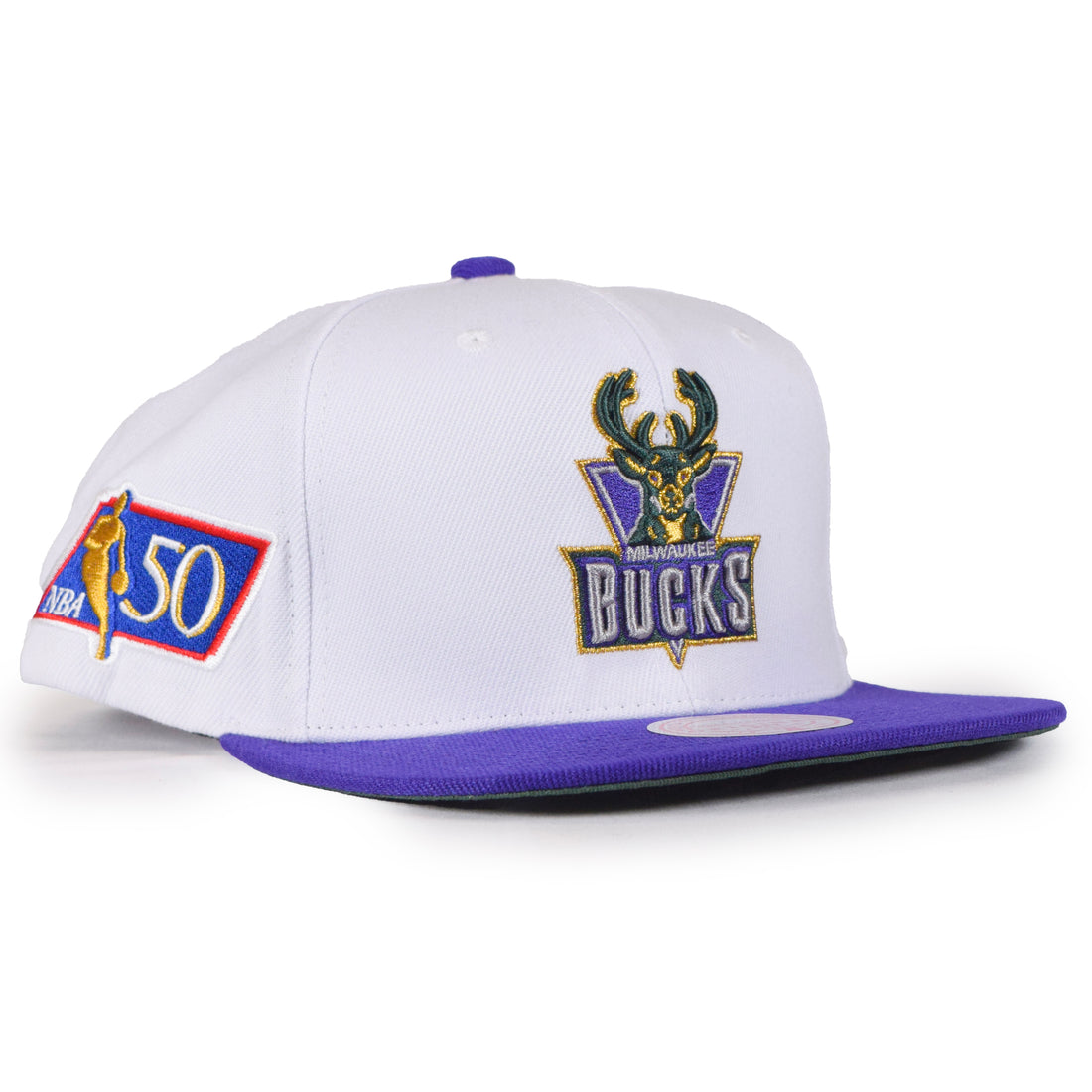 Mitchell & Ness Milwaukee Bucks 2Tone Snapback - White/Purple "50 Patch"